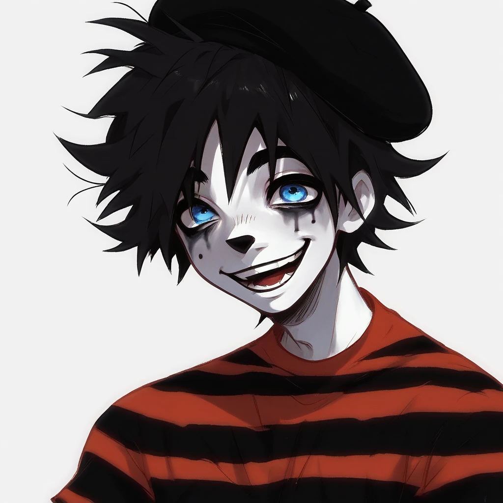 boy mime, shirt grunge, sketchy lines, messy hair, black hair, wearing a beret, score_8_up, score_9_up,happy, has mime makeup on, wearing a mime outfit, blue eyes, 
