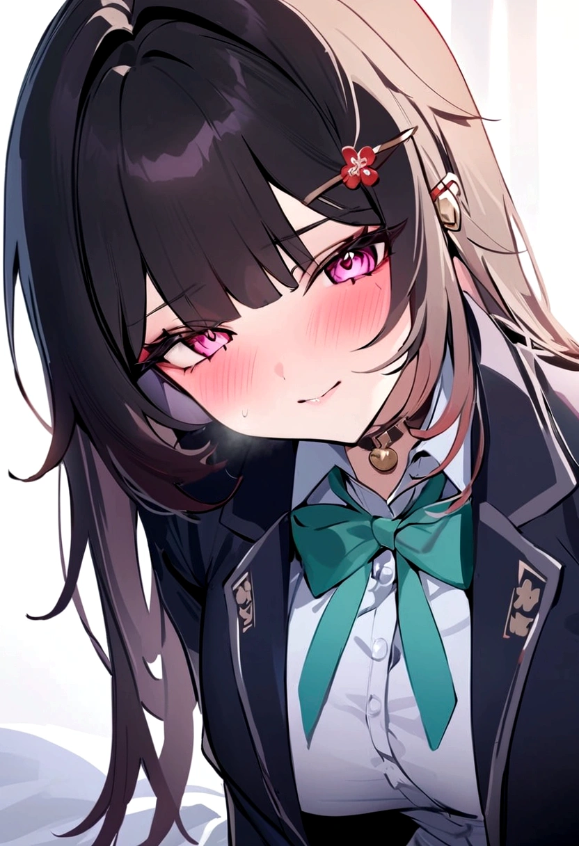 masterpiece, highest quality,blazer, arms_in_~ side, One Girl,honkai_(series), Simple_background, shirt, head_ribbon, Open_Jacket, green_ribbon, Side Lock, With collar_shirt,hair_ornament, hair_intake, honkai:_star_rail, ribbon, Jacket, black_Jacket,Open_Clothes, School_uniform, 一人in, hairclip,Bed,Kissing Face,