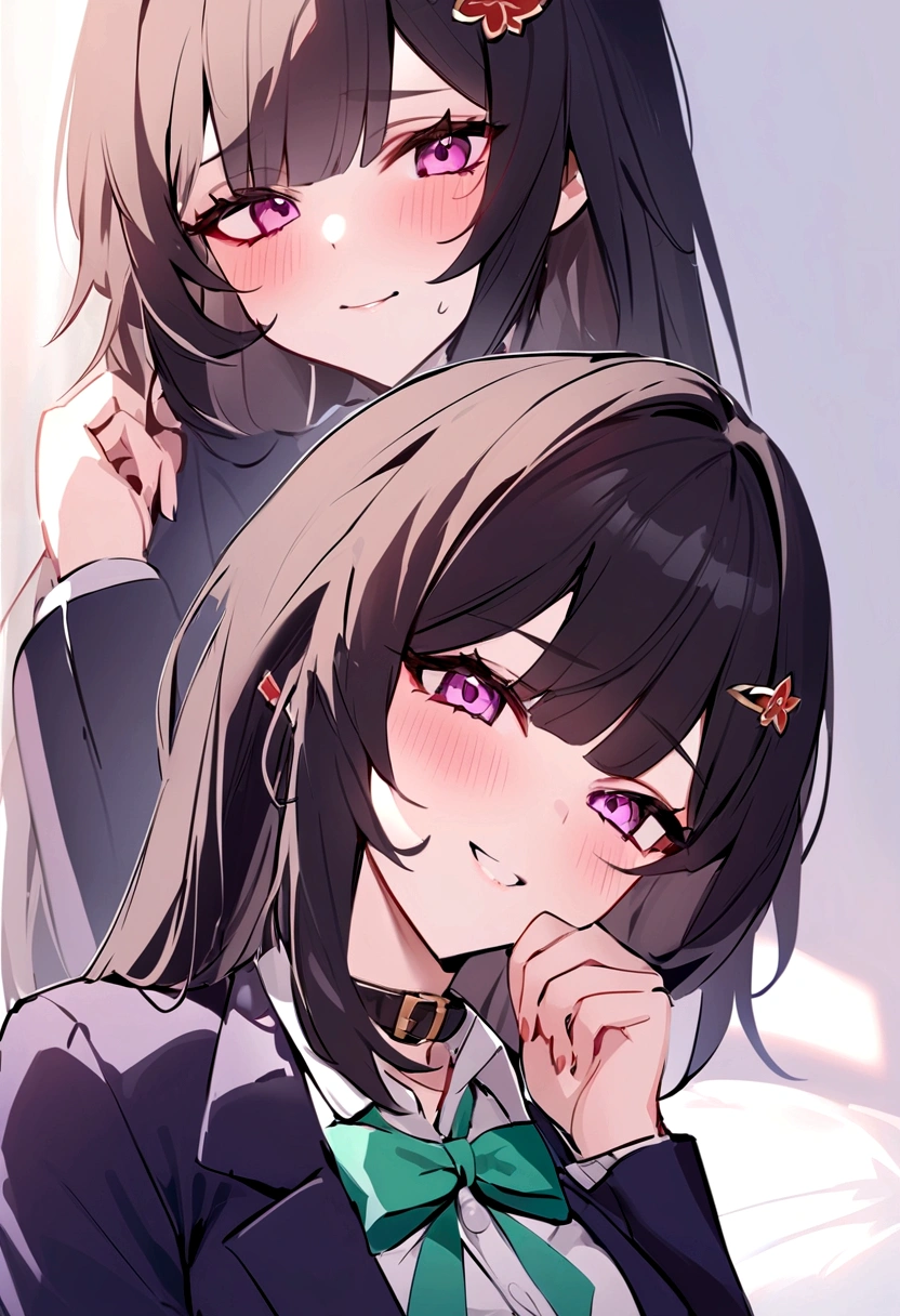 masterpiece, highest quality,blazer, arms_in_~ side, One Girl,honkai_(series), Simple_background, shirt, head_ribbon, Open_Jacket, green_ribbon, Side Lock, With collar_shirt,hair_ornament, hair_intake, honkai:_star_rail, ribbon, Jacket, black_Jacket,Open_Clothes, School_uniform, 一人in, hairclip,Bed,Kissing Face,
