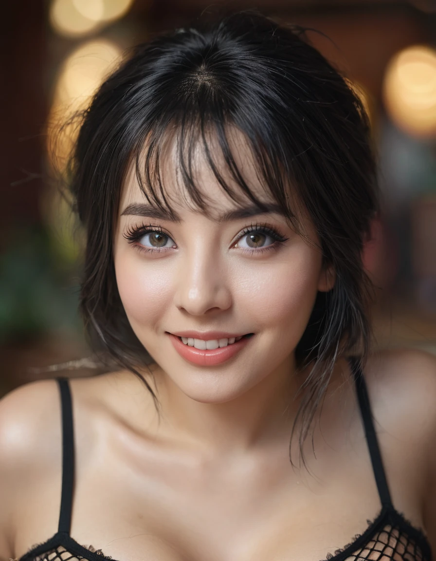 （hyper realisitc：1.4），（realisticlying，realisticlying：1.3），the soft light，photorealiscic face，photorealistic body，Realistic skin，absurderes，tmasterpiece，（adolable：1.8），（longblackhair，Half-cocked，hair pin），（：1.2），detailed black eyes，innocenteyes，Sagging eyes，（smile eyes：0.6） ，（shocked：1.2），tear drop，open lips，grinning smile，Blushlush，Good style，fishnet clothes，light，filmgrain，closeup cleavage，looking-at-viewer，full bodyesbian，depth of fields，blur background，Eye focus，young，85MM LENS，f / 1.4, mixed european blonde