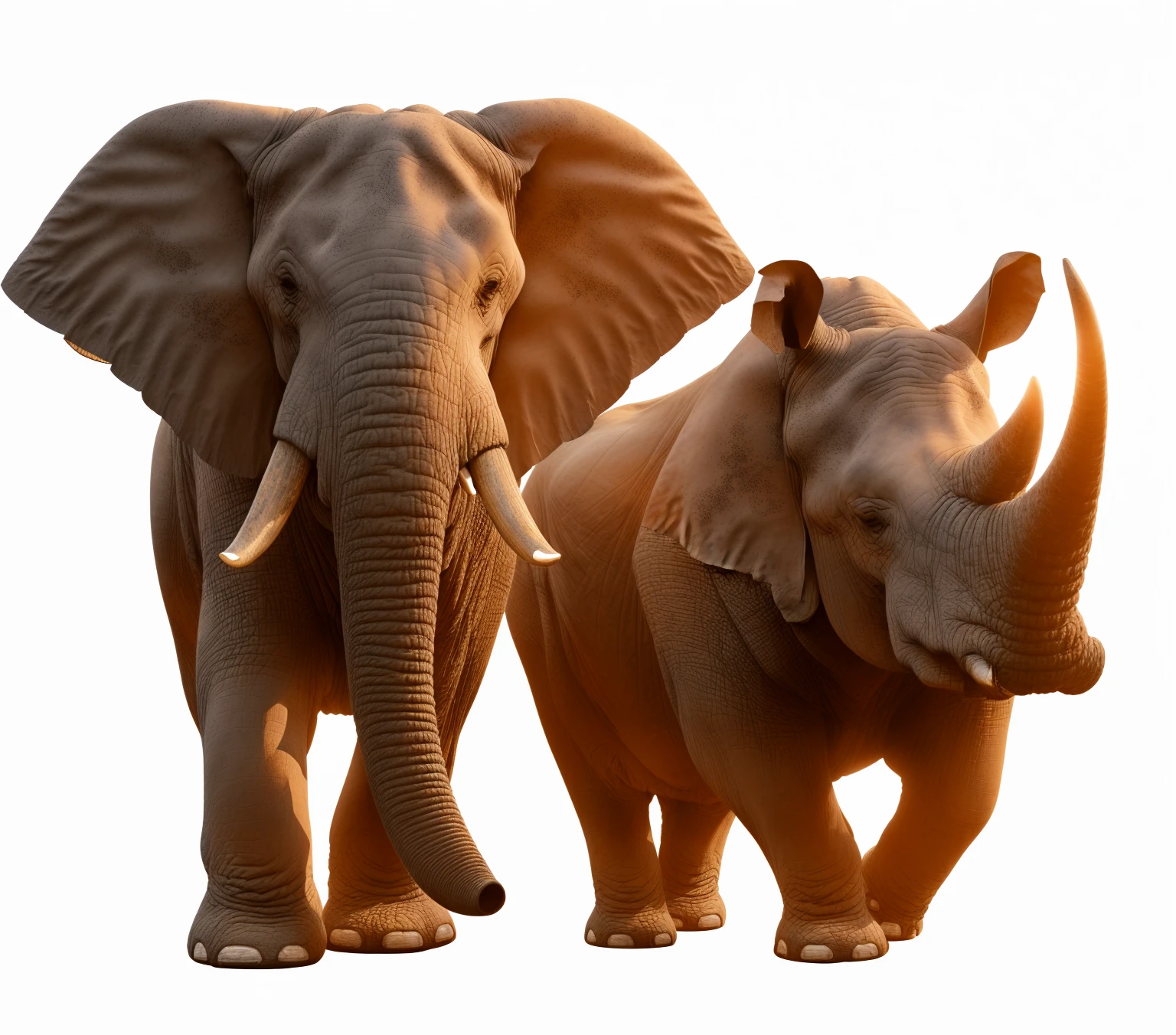 elephants are standing next to each other on a white background, rhino rendered, rhinoceros 3d, rino, african elephants in the jungle, tusks, elephants, rhino, extremely realistic, depicted as a 3 d render, very very realistic, highly rendered, by Harold von Schmidt, very very very realistic, incredibly realistic, by Tom Wänerstrand
