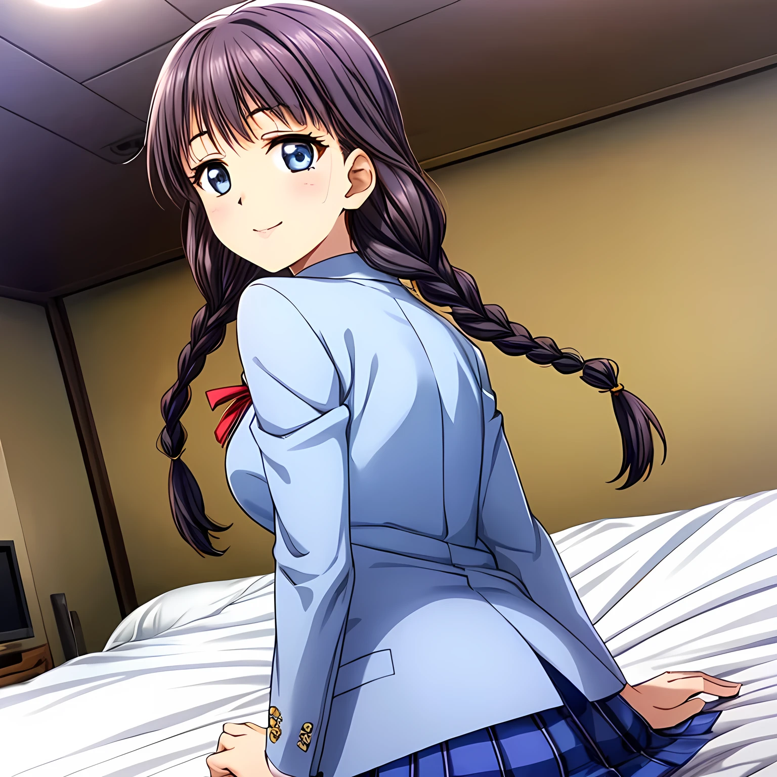 (highest quality, masterpiece:1.2), highest quality, High resolution, 1080p, 8K, Height: 158cm, High-definition anime-style CG, ((The game heroine is a very intelligent, very noble, pretty and elegant beautiful girl sitting on the bed.、Looking back and smiling gently)), He tries to hide his shocked mouth with his hands., A face that everyone loves, Glossy lips, Even bangs, Double, Long eyelashes on both the top and bottom, Wide-open blue eyes, detailed in detail, The very large red shiny wide ribbon bowtie is very cute., ((Black Hair)), ((long twin braids)), (((A long, neat, dark navy blue checked pleated skirt))), (((Dark blue winter long sleeve blazer))), How to wear a neat uniform, Extremely lustrous, shiny game heroine lips, Mouth open, Ribbon in hair, Tight waist, slender, The ribbon is big and very pretty., Beautiful hair like a hair model, Transparent Background, Hair is realistic, The skirt is realistic