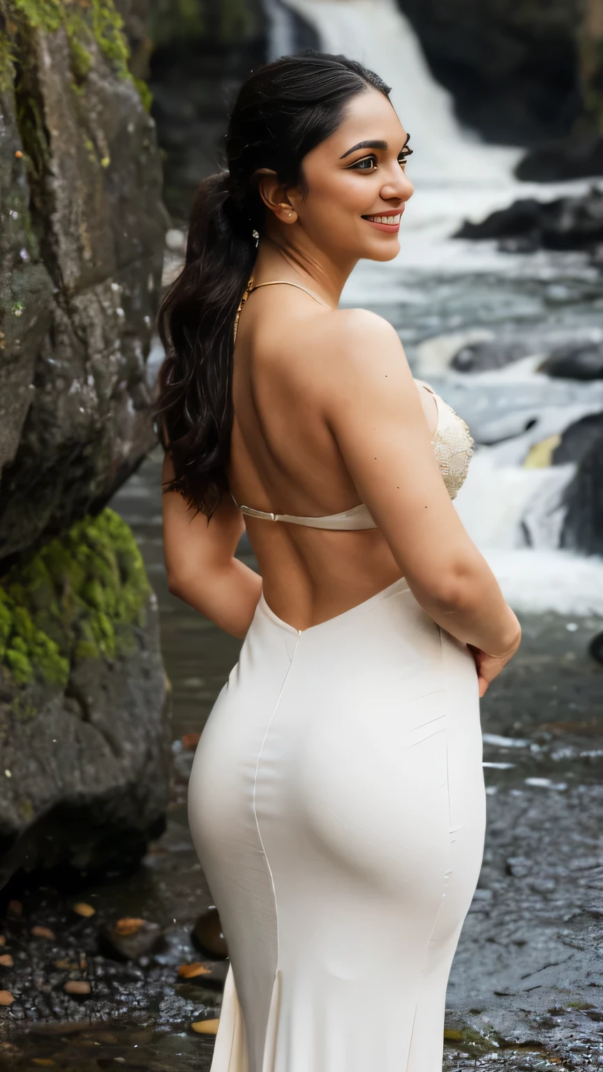 night scene, extreme close up photo of back of kiara bends over and big inserted into her ass in river near waterfall, hourglass figure, look at viewer and subtle smile, swooping breasts, soaked in thick sperm, white long dress, sultry, 30 yo, HD, 4k, ultra high quality, ponytail, (cinematic:1.3), intricate details, (ArtStation:1.2)