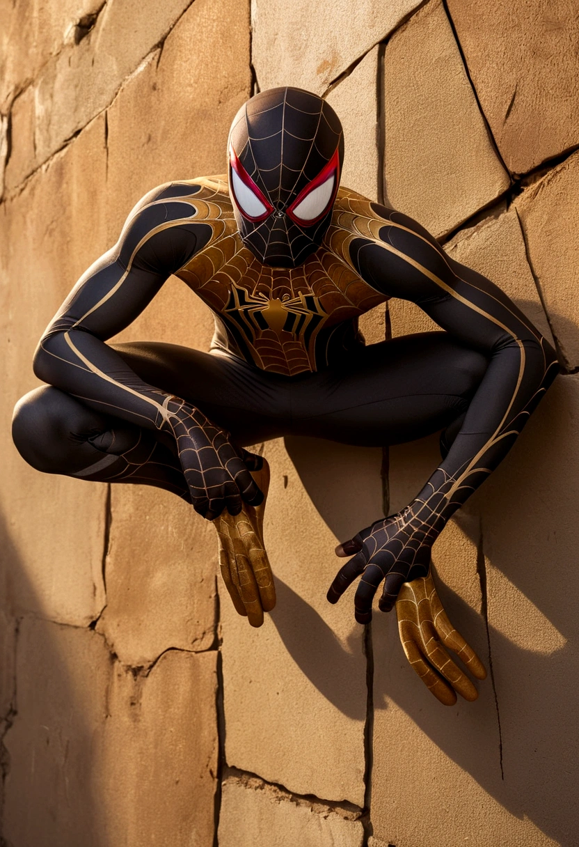 1male, man, Indonesian, tan skinned, black hair, short hair, dark brown eyes, Spider-Man suit with brown and gold batik motif, tight suit, sneaking, hiding beside a wall, worried,