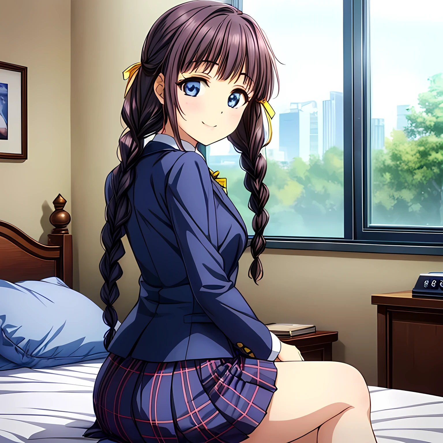 (highest quality, masterpiece:1.2), highest quality, High resolution, 1080p, 8K, Height: 158cm, High-definition anime-style CG, ((The game heroine is a very intelligent, very noble, pretty and elegant beautiful girl sitting on the bed.、Looking back and smiling gently)), He tries to hide his shocked mouth with his hands., A face that everyone loves, Glossy lips, Even bangs, Double, Long eyelashes on both the top and bottom, Wide-open blue eyes, detailed in detail, The very large red shiny wide ribbon bowtie is very cute., ((Black Hair)), ((long twin braids)), (((A long, neat, dark navy blue checked pleated skirt))), (((Dark blue winter long sleeve blazer))), How to wear a neat uniform, Extremely lustrous, shiny game heroine lips, Mouth open, Ribbon in hair, Tight waist, slender, The ribbon is big and very pretty., Beautiful hair like a hair model, Transparent Background, Hair is realistic, The skirt is realistic
