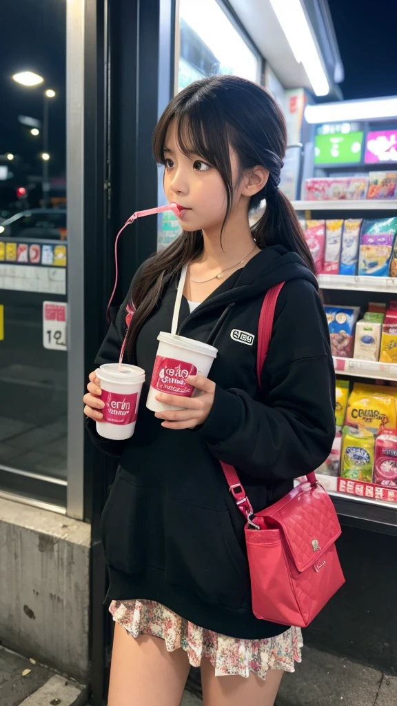 night、A subculture girl、Drinking juice in front of a convenience store