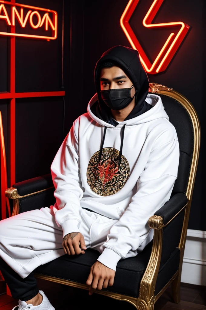 A person wearing a white hoodie with the text Qazwan on it, black pants, and white sneakers is seated on an ornate, white and gold armchair. The individual has a black mask covering their face and the hood of their hoodie is up. Behind the chair, there is a glowing, red neon sign with the word QAZWAN and illuminated wing designs extending outward. The image is marked with a TikTok username @taipan_playz in the bottom right corner.