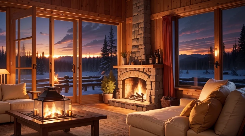 Wooden cabin living room anime background, this night outside](cozy atmosphere), (subtle lighting), bright stone fireplace fire, this best quality evening, transparent glass windows