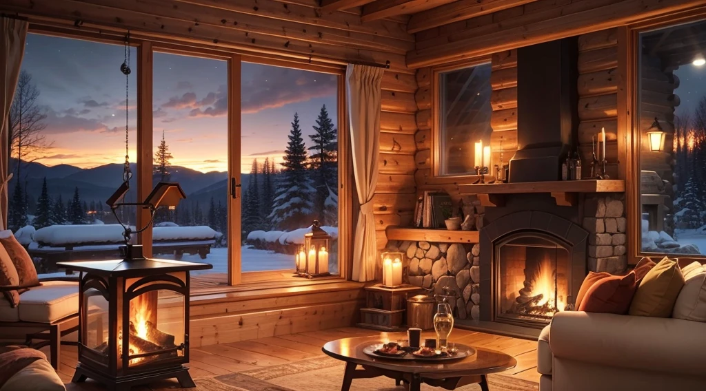 Wooden cabin living room anime background, this night outside](cozy atmosphere), (subtle lighting), bright stone fireplace fire, this best quality evening, transparent glass windows