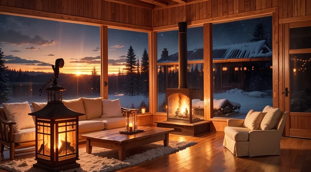 Wooden cabin living room anime background, this night outside](cozy atmosphere), (subtle lighting), bright stone fireplace fire, this best quality evening, transparent glass windows