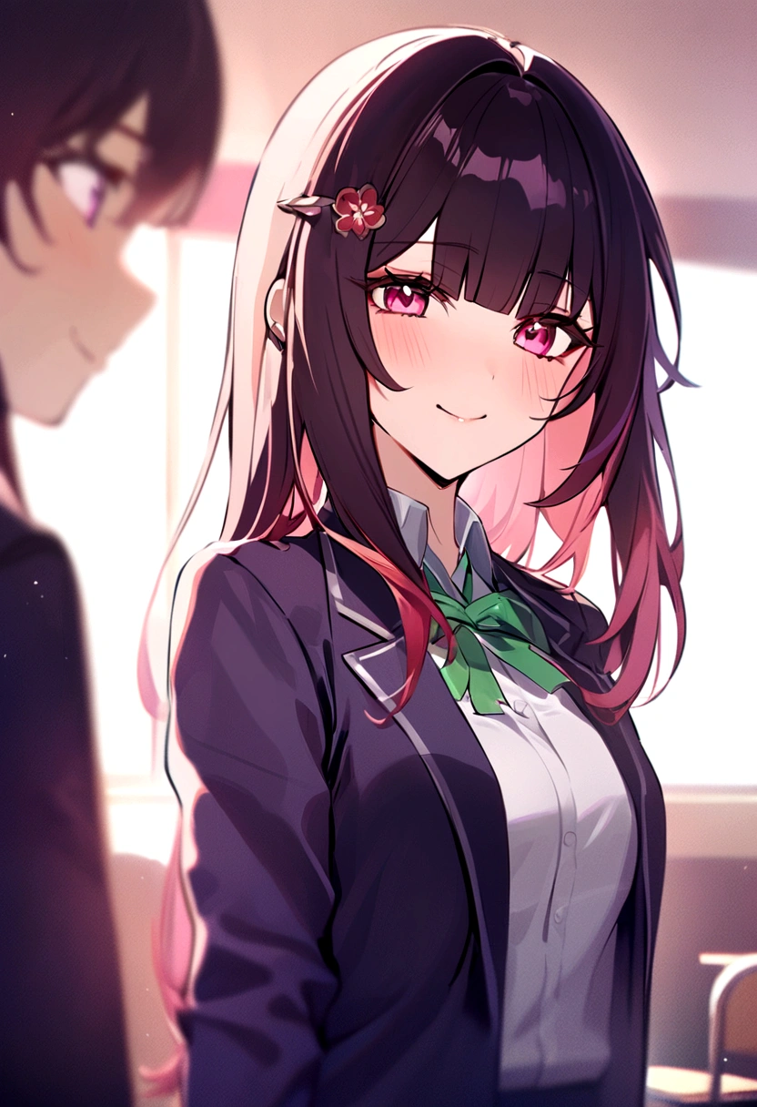 masterpiece, highest quality,blazer, arms_in_~ side, One Girl, Looking_in_audience, honkai_(series),shirt, head_ribbon, Open_Jacket, green_ribbon, Side Lock, upper_body, With collar_shirt, smile, hair_ornament, hair_intake, honkai:_star_rail, ribbon, Jacket, black_Jacket, Closed_mouth, blush, Open_Clothes, School_uniform, 一人in, hairclip,nsfw,White classroom,Put your chest close,