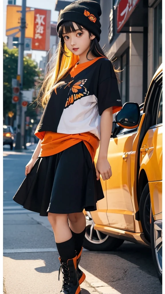 anime (masterpiece), best quality, expressive eyes, perfect face, extremely detailed, 2 girls, 1 girl, 19 years old, red eyes, beanie, blunt bangs, boots, accent lines, hat, in the face, hint, black hair, blur, several girls, open mouth, red shirt, shirt, 1 butterfly girl, 13 years old, orange eyes, yellow hair, orange butterfly wings, skirt, speedlines, T-shirt, full length, anime style