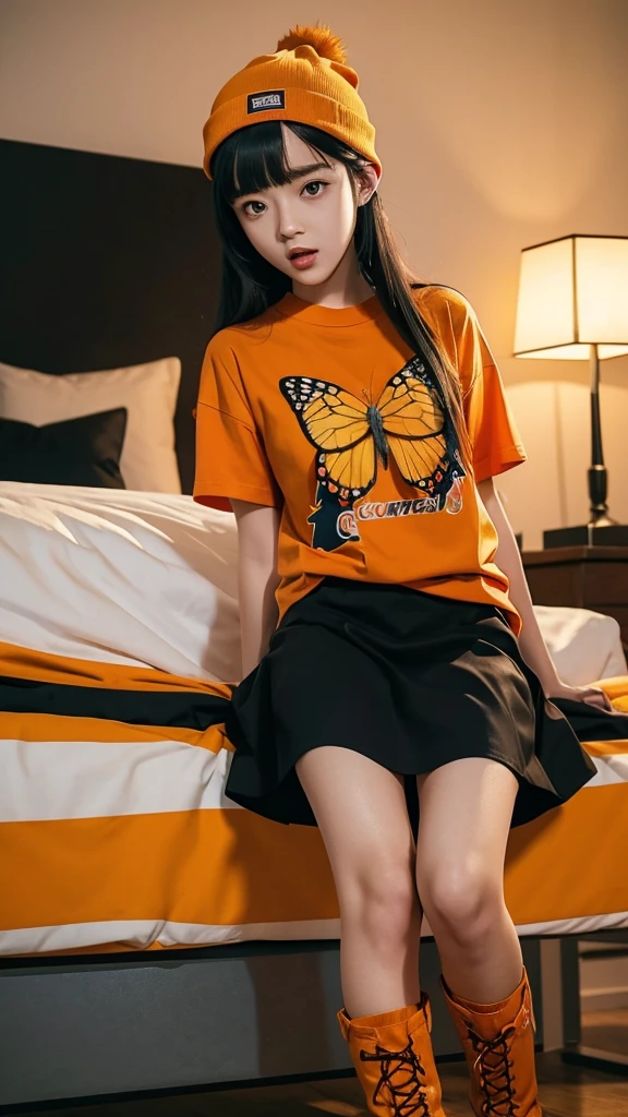 anime (masterpiece), best quality, expressive eyes, perfect face, extremely detailed, 2 girls, 1 girl, 19 years old, red eyes, beanie, blunt bangs, boots, accent lines, hat, in the face, hint, black hair, blur, several girls, open mouth, red shirt, shirt, 1 butterfly girl, , orange eyes, yellow hair, orange butterfly wings, skirt, speedlines, T-shirt, full length, anime style