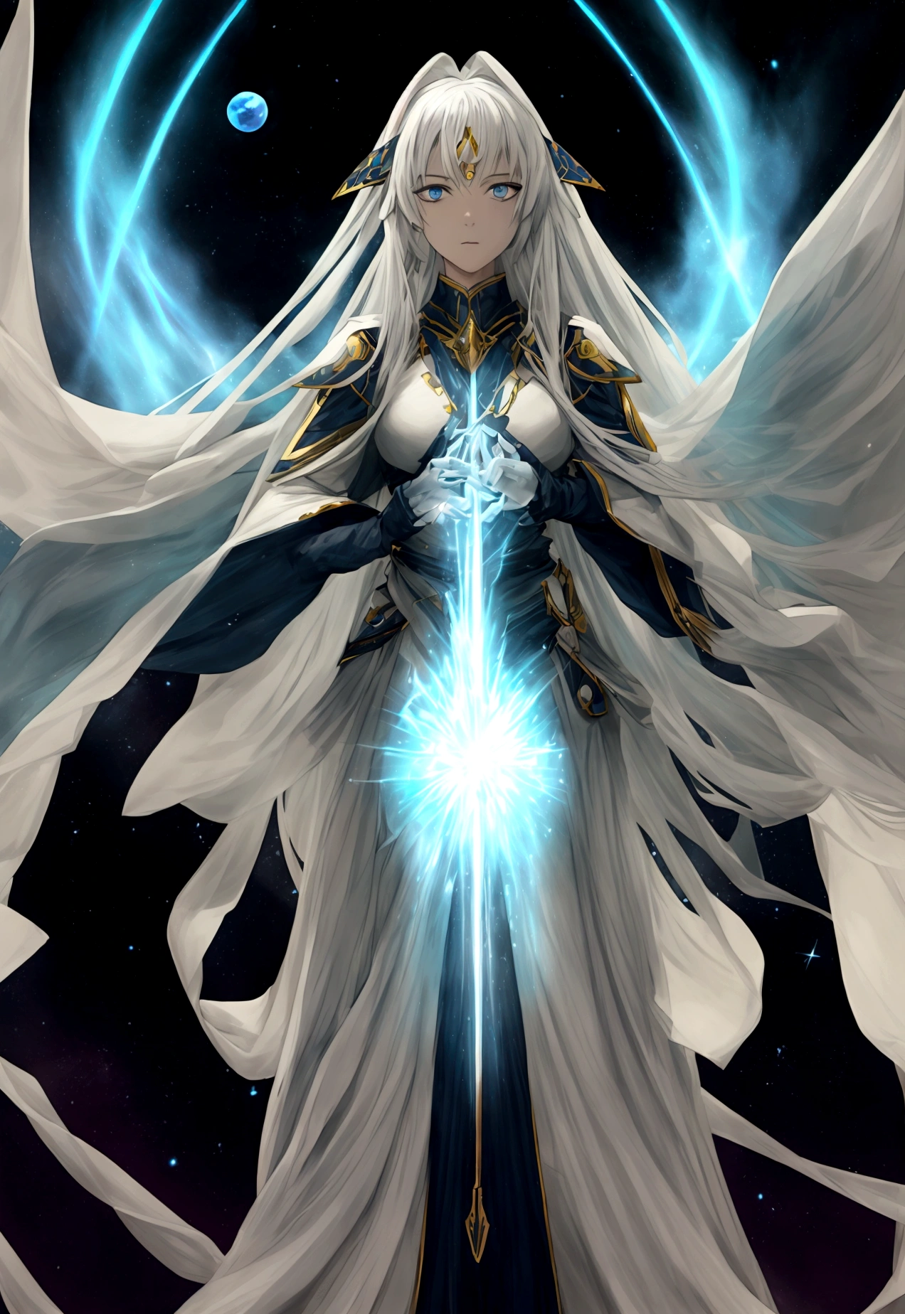 8k, 3D, 3D rendering, Best Quality, realist, Victoria Villarruel dressed as Goku, ultrainstinct mode, ultrainstinct aura, very bright silver eyes, white aura around body, bright white long hair, floating hair raised, slim figure with wide hips, serious expression, grin. outdoor, clearing, plain, desert.