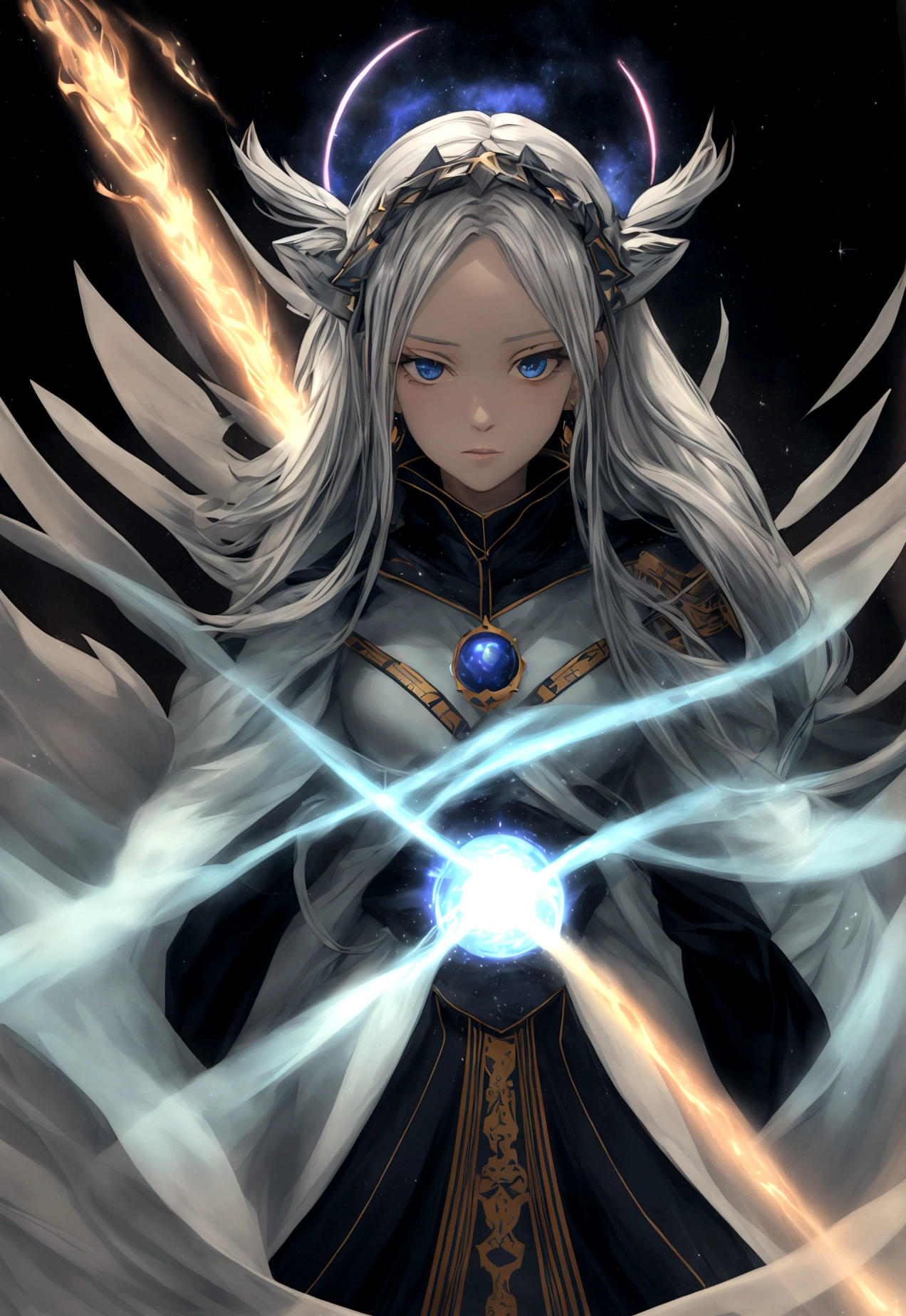 Picture a scene steeped in the depths of space science fiction warfare, where a female commander emerges as the embodiment of resilience and command. Her presence is striking, with white hair that cascades like a cosmic waterfall, tinged with a subtle shade of glowing blue, reminiscent of the distant nebulas. She stands boldly in the midst of an burned interstellar conflict to punish the wicked, her advanced space uniform pristine and decorated with the emblems of her esteemed position as a commander. The commander’s hat she wears is not just a piece of attire but a symbol of her earned authority. Clutched in her grasp is a mystical sword, its blade alight with an ethereal flame that whispers of ancient power and forgotten lore. As she raises the sword, it seems to resonate with the energy of the cosmos itself. Behind her, the theater of war is set against the breathtaking backdrop of a contact binary star system, its twin suns weaving a dance of light spark and gravity that illuminates the void. Their connection forges a radiant arc across the sky, a bridge between worlds and a beacon in the tumultuous dark. This image seeks to capture the commander’s indomitable spirit, the fierce beauty of her unique appearance, and the grandeur of the universe that serves as the stage for this epic saga