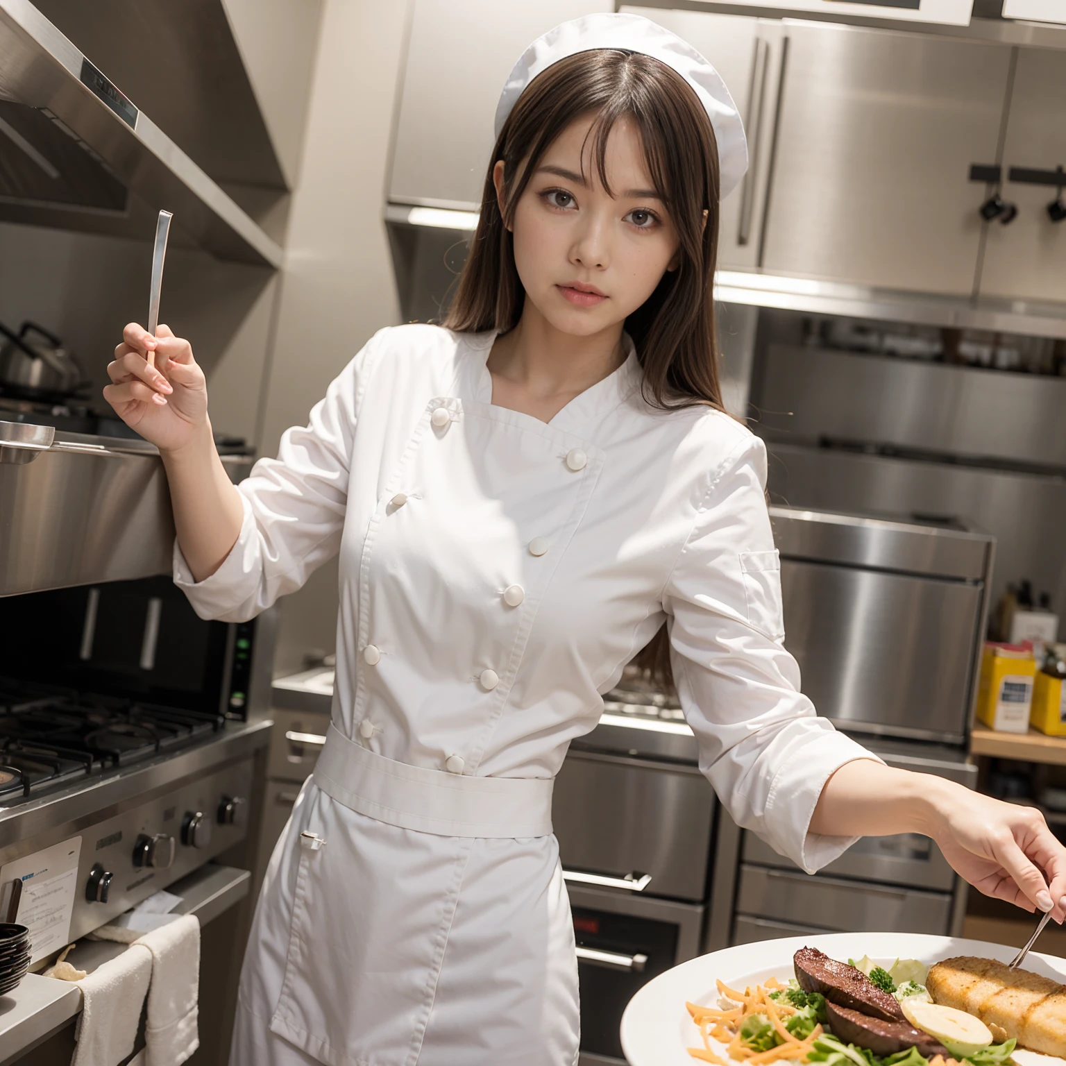 masterpiece, super detail, high quality, award winning, 8k, (girl), solo, famous restaurant chef, portrait style, in the kitchen of the restaurant, in Paris, Natural light, detailed fingers
