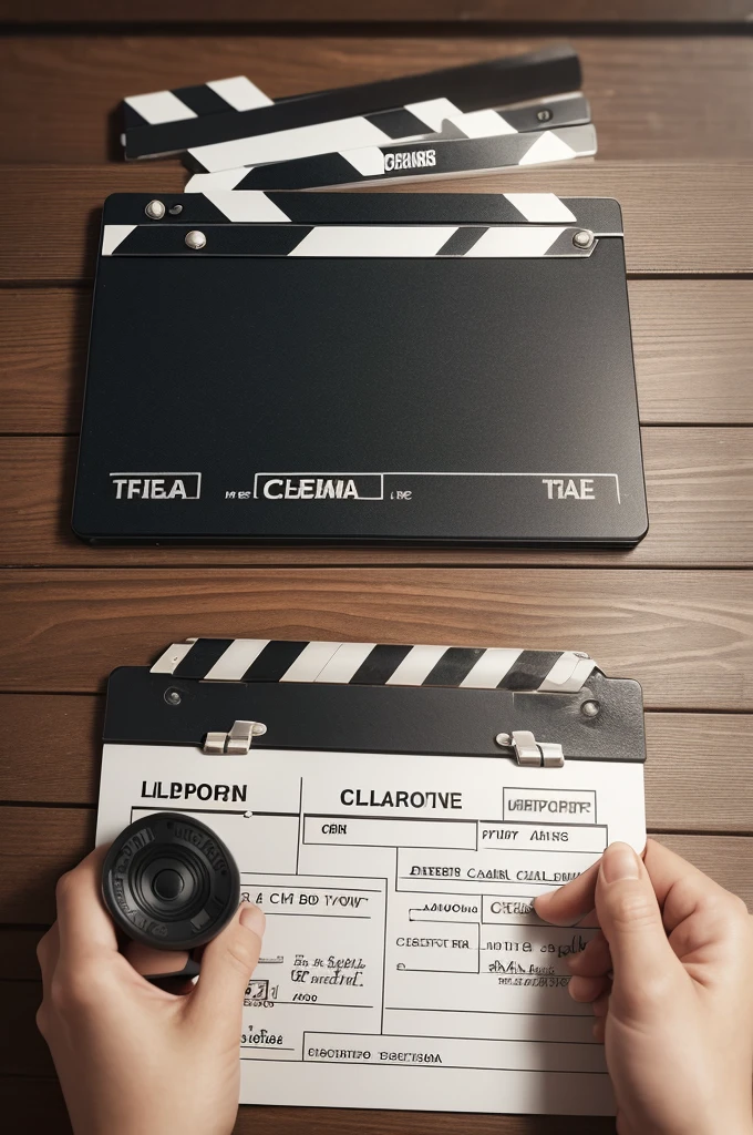 imagem de uma claquete de cinema, mas em vez de um fundo liso, add film tape around the clapperboard for a cinematic touch. No centro da claquete, you can place a microphone or a stylized mouth to represent the narration.