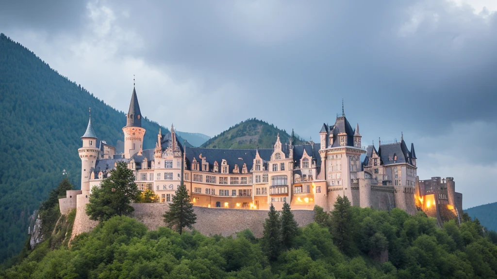 Rain is falling on a European-style castle built on top of a mountain.