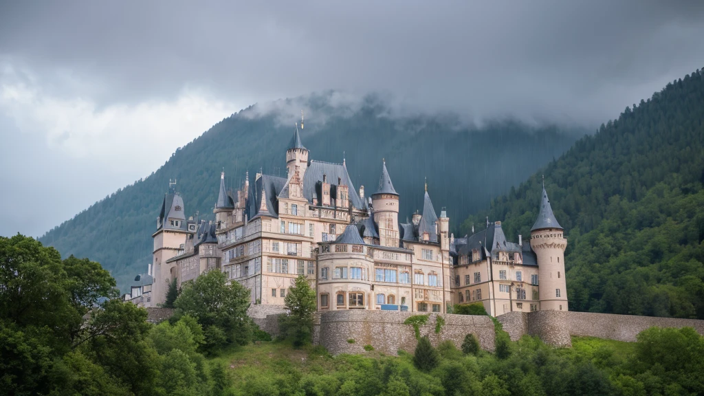 Rain is falling on a European-style castle built on top of a mountain.