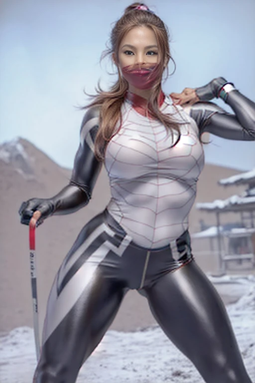 In front of the ski slopes、Female Fitness Model、skier、Big breasts about to burst、thin and long legs、abdominalusculature、Metallic pink shiny down jacket、Half Japan and half American.、25-years old、Height 175cm、sportuniversal、Cheerful smile、red brown hair、Pony tail、glistning skin、Pose ready to fight、full-body view