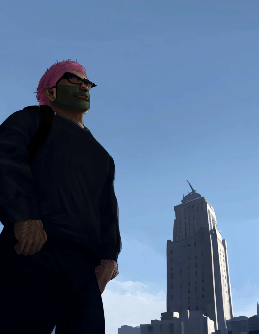 there is a man with pink hair and a backpack standing in front of a building, In front of a sci-fi cityscape, como um personagem do GTAV, naruto no gta v, parado no centro da cidade, perched on a skyscraper, estilo de rua gta v, Avatar da segunda vida, skyscrapers in the background, personagem gta, cidade ao fundo