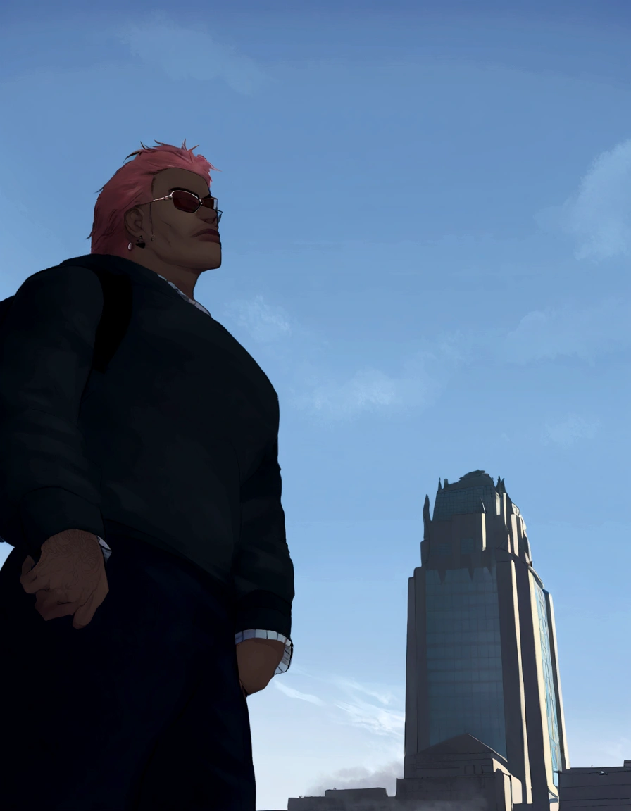 there is a man with pink hair and a backpack standing in front of a building, In front of a sci-fi cityscape, como um personagem do GTAV, naruto no gta v, parado no centro da cidade, perched on a skyscraper, estilo de rua gta v, Avatar da segunda vida, skyscrapers in the background, personagem gta, cidade ao fundo