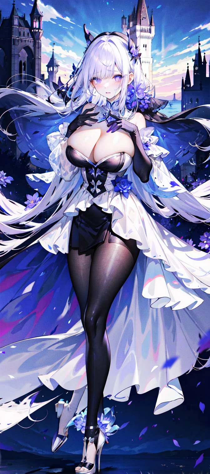 ((masterpiece:1.4,best quality)),(Super detailed),(Extremely detailed eyes),(black leggings,Shiny socks:1.5),Hello Darkness
(Cute girls),s old,(Blood-red pupils,Diamond-shaped pupil:1.15),Purple Eyeshadow,(elongated hair,Thick hair,Single ponytail,shiny hair:1.5)(Changes through:1.2),despair,sad,Empty eyes,tears streaming down my face,tilting its head to the side,
(She wore a blue dress,:1.5),(Black gloves:1.4)Very long plush sleeves,White,White Cloud,Dream bubbles ,Ice and glitter effects
(Black long skirt:1.1),
((Starry Sky:1.2)),
(Intense black and white:1.16),(Depth of Field:1.4),,Intricate details,(((Detailed background,Castle in the Sky,Purple flowers by the lake))),(((Huge breasts,Bare breasts,Deep cleavage,White stiletto high heels)))
