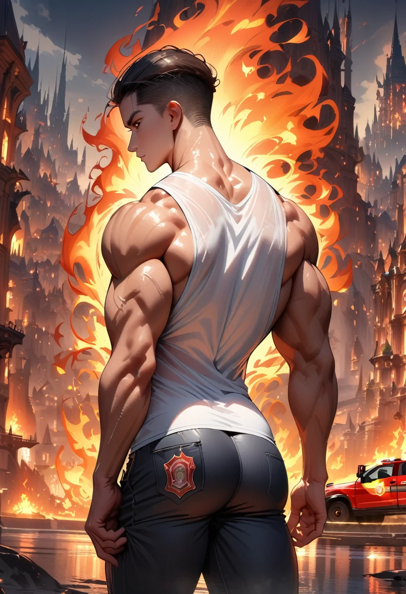 (Firefighter back:1.5), From the back,wearing a tattered shirt, combustion,flame, Luminescence, (fantasy city background), Pants,Practical, masterpiece, Intricate details, Detailed background, Depth of Field, Fitness back,