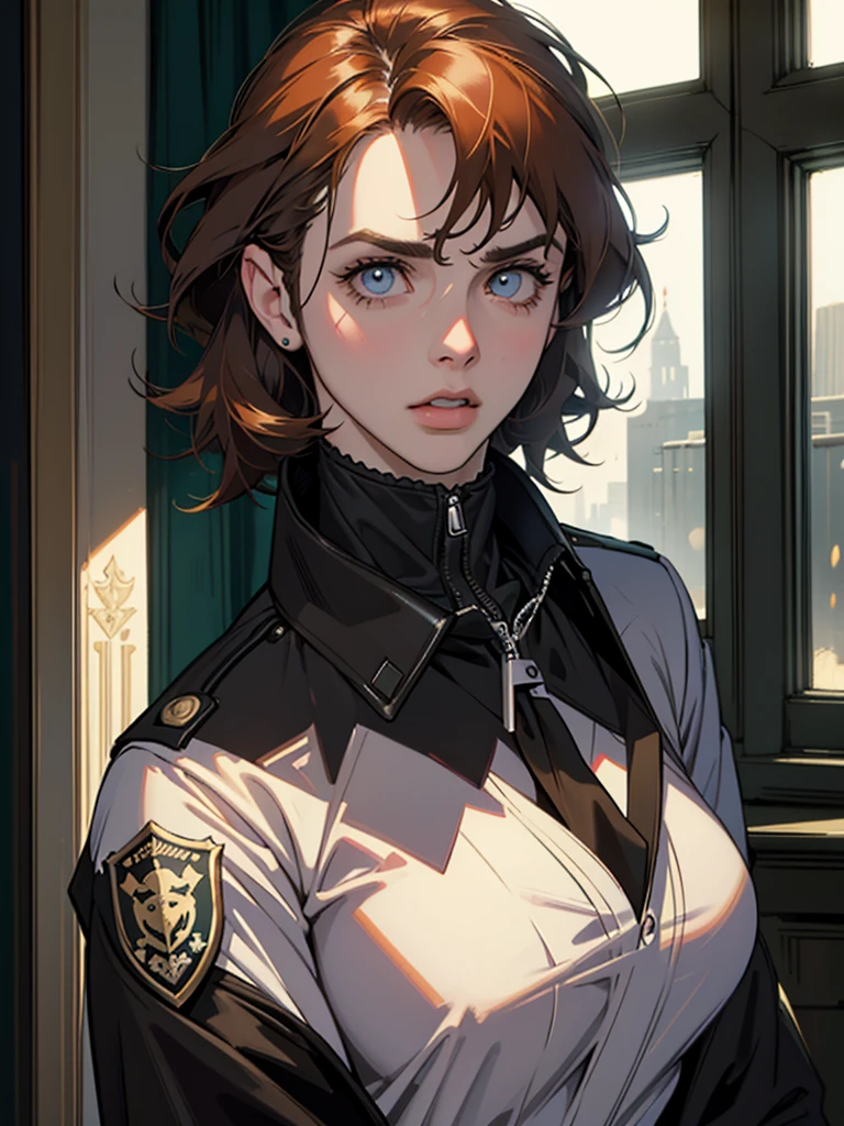 (maximum quality,4k,8K,alto,Master Pieces:1.2),ultra-detalhado,(realista,de fotorreal,Photorealistic:1.37),Barbara Gordon, jovem de 19 anos l, Lindo cabelo ruivo, vestindo um uniforme de policial,Olhos castanhos penetrantes, Beleza Suprema, Gotham City scenery, postura forte e confiante, Determined expression,cores vivas,sharp focus,pintura detalhada,Professional Lighting,estilo retrato, dramatic lighting,Bokeh