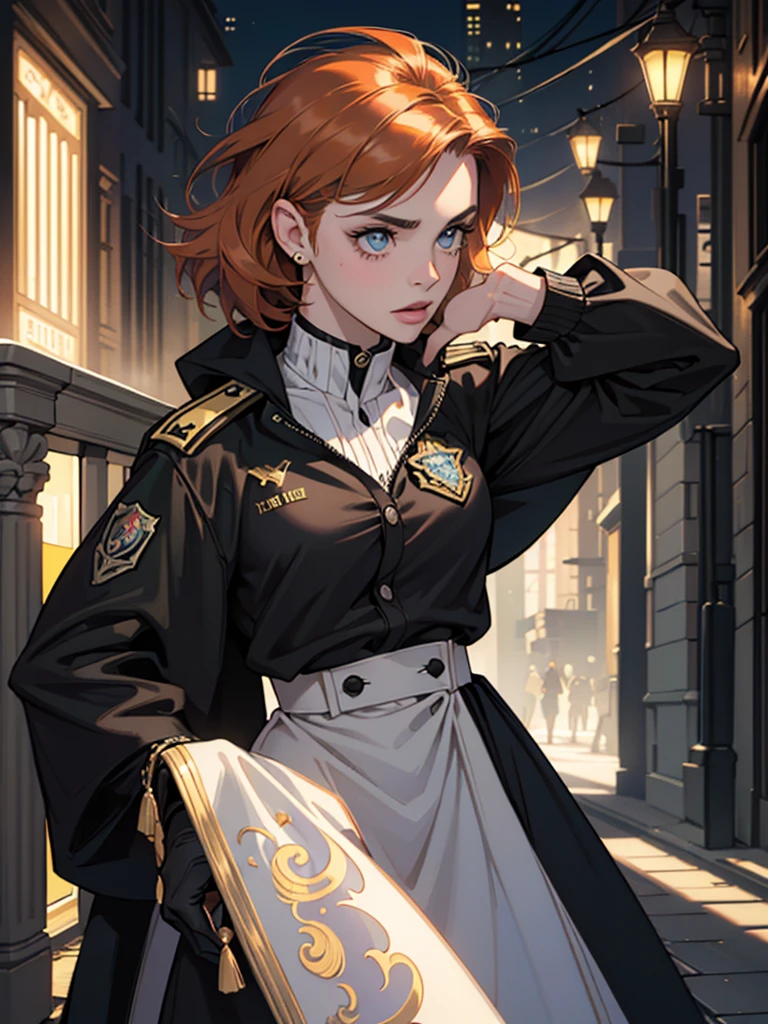 (maximum quality,4k,8K,alto,Master Pieces:1.2),ultra-detalhado,(realista,de fotorreal,Photorealistic:1.37),Barbara Gordon, jovem de 19 anos l, Lindo cabelo ruivo, vestindo um uniforme de policial,Olhos castanhos penetrantes, Beleza Suprema, Gotham City scenery, postura forte e confiante, Determined expression,cores vivas,sharp focus,pintura detalhada,Professional Lighting,estilo retrato, dramatic lighting,Bokeh