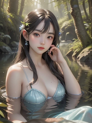 (best quality, 4k, 8k, highres, masterpiece:1.2), ultra-d etailed,(realistic, photorealistic,photo-realistic:1 .37), portrait of fairies,enjoying water play in a beautiful r iver in the forest,fairy with detailed face and hands, enchanted woodland scene, sparkling water, sunlig ht streaming through the trees, vibrant colors, ether eal atmosphere, delicate wings, flowing dresses, mi schievous expressions, shimmering reflections on t he water surface