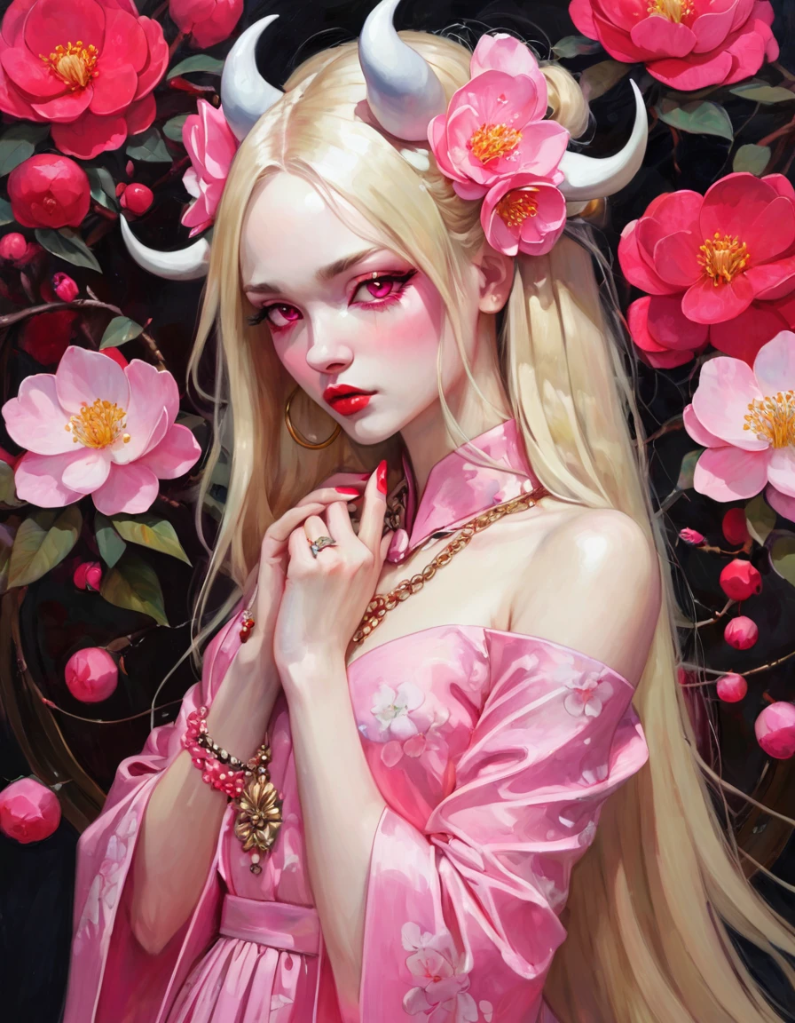 1girl, solo, alone, pink eyes, long hair, blonde hair, pink dress, flower, camellia, jewelry, nail polish, ring, hair ornament, flower ornaments, pink nails, White hell, masterpiece, best quality, white hell, red horns, sakura pedals in hair,(art inspired by Bill Sienkiewicz). oil painting, details of brush strokes that enhance depth)