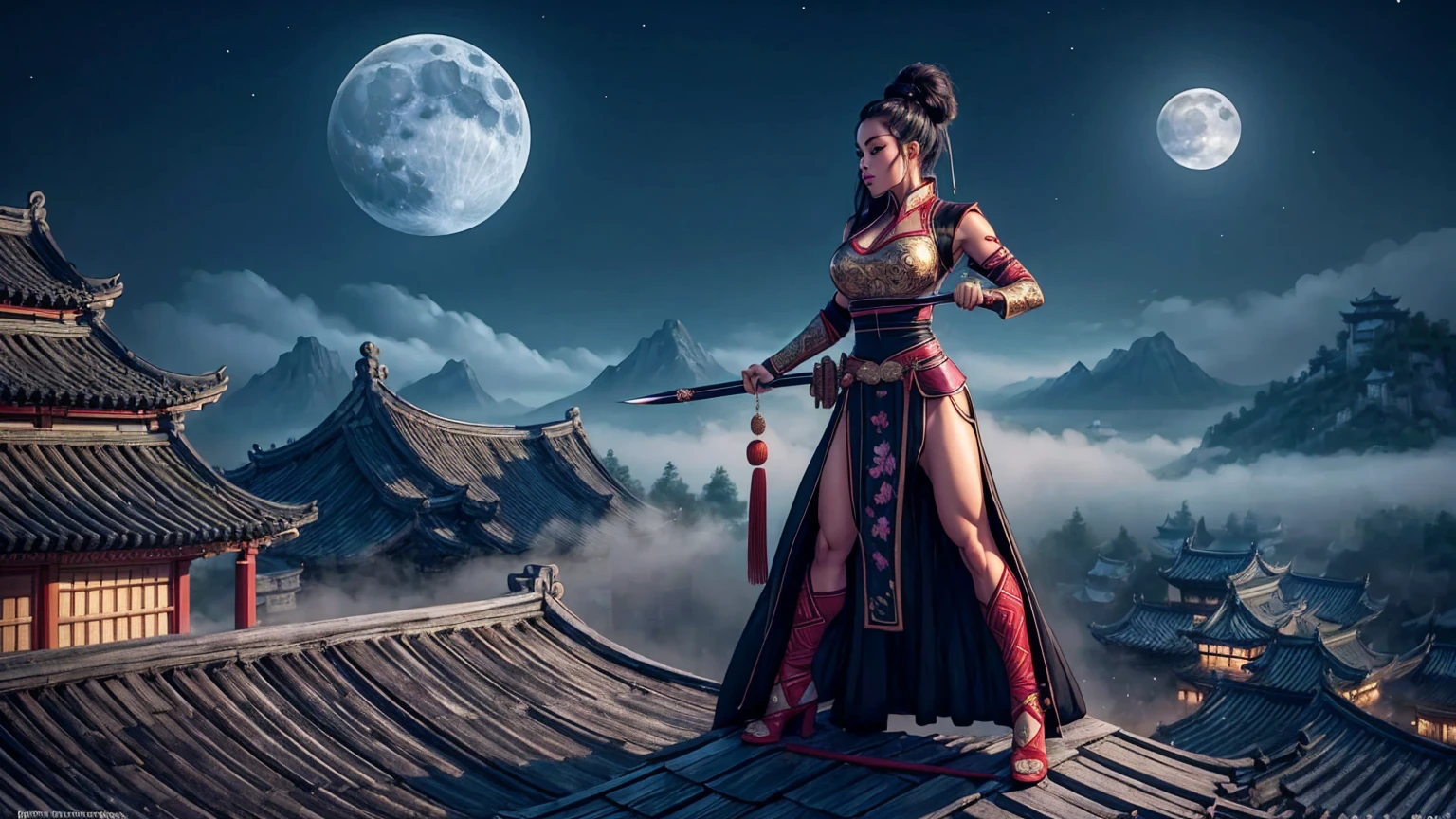 (((best quality))),(((ultra detailed))),(((masterpiece))),illustration,1lady,1woman,swordsman,woman warrior,traditional Chinese clothing,standing,ink style,martial arts,pose,rooftop,moonlight,night,background,ancient Chinese architecture,misty mountains,silhouette,serenity --ar 16:9