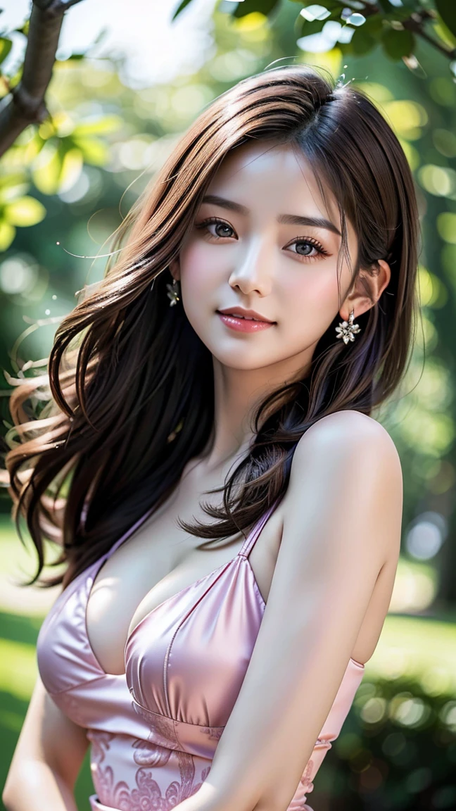 (highest quality:1.4、8K masterpiece、超A high resolution)、(Realistic:1.3)、highest qualityの柔らかな自然光, RAW Photos、8K wallpaper incorporating highly detailed CG, ,　1 beautiful girl、15 years old、Pale skin:1.4, Shine, Transparent muscle:1.2、((Ultra-Realistic Details))、Portraiture、All the characters are super realistic.:1.6、Global Illumination、Octane Rendering:1.2,　 The cutest beautiful girl:1.2 ,Very detailed, High-resolution RAW color photos, Professional photography, Realistic portrait, Cinematic Light, With a small face、Pale Cheeks:1.1、(With a cute smile:1.4)、((Beautiful Eyes、Light enters the eyes:1.4、Staring at a lover、Adorable eyes:1.2 )) 、((Shiny Hair　Brown twin tails, 、Delicate texture、Voluminous Hair:1.1、Thick Hair:1.2 )),　Beautiful big breasts ,(Big ample breasts:1.2)、Captivating beauty、Captivate what you see、( Shrug:1.2)、Expose your shoulders, Cleavage:1.2、Outdoor 、A spacious space with greenery and flower beds々and space々and::1.4、garden 、Wind　, From the side　、 Beautiful details,  (Deep neckline　Beautiful random color damask dress:1.4), No bra, , (Camel toe details), Very detailed, highest quality, Tabletop,
