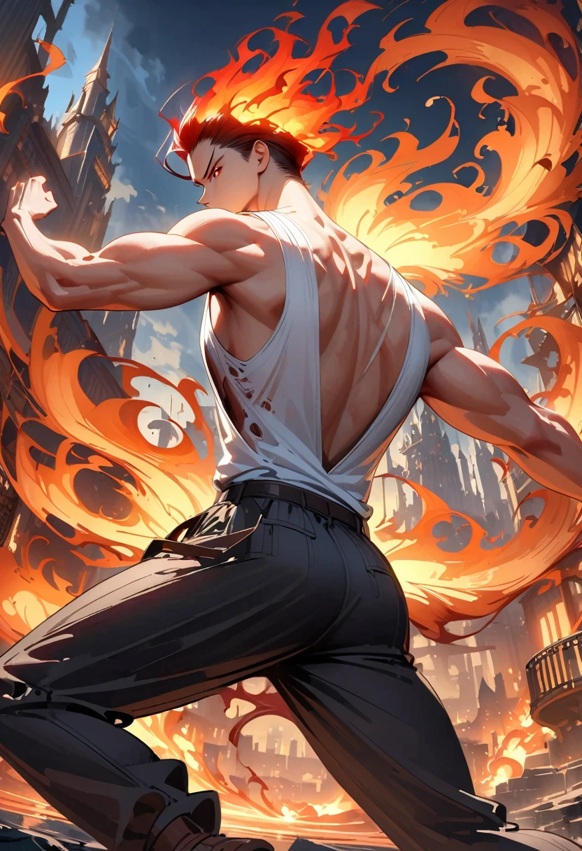 (消防员Back:1.5),  From the back，wearing a tattered shirt, combustion,flame， Luminescence, Dynamic poses, Fighting Stance, (fantasy city background), Pants,, Practical, masterpiece, Intricate details, Detailed background, Depth of Field, Back,