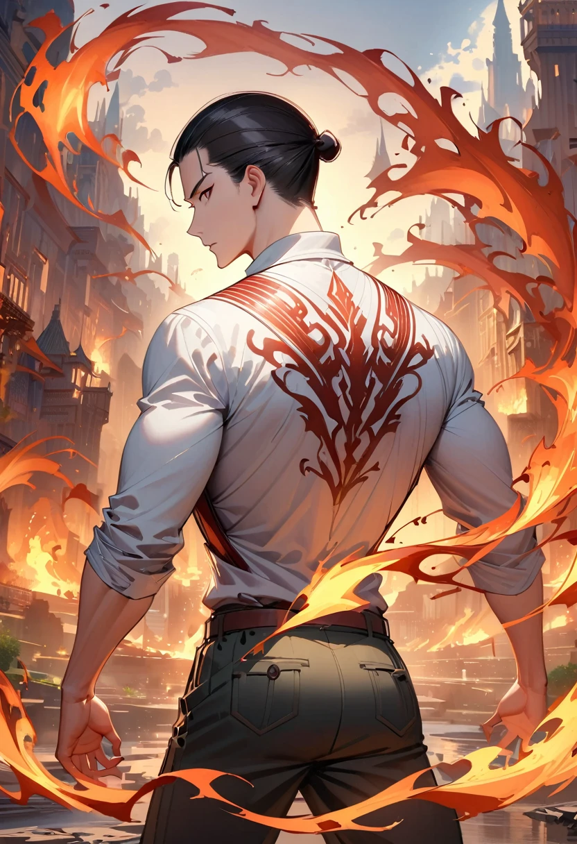 (消防员Back:1.5),  From the back，wearing a tattered shirt, combustion,flame， Luminescence, Dynamic poses, Fighting Stance, (fantasy city background), Pants,, Practical, masterpiece, Intricate details, Detailed background, Depth of Field, Back,
