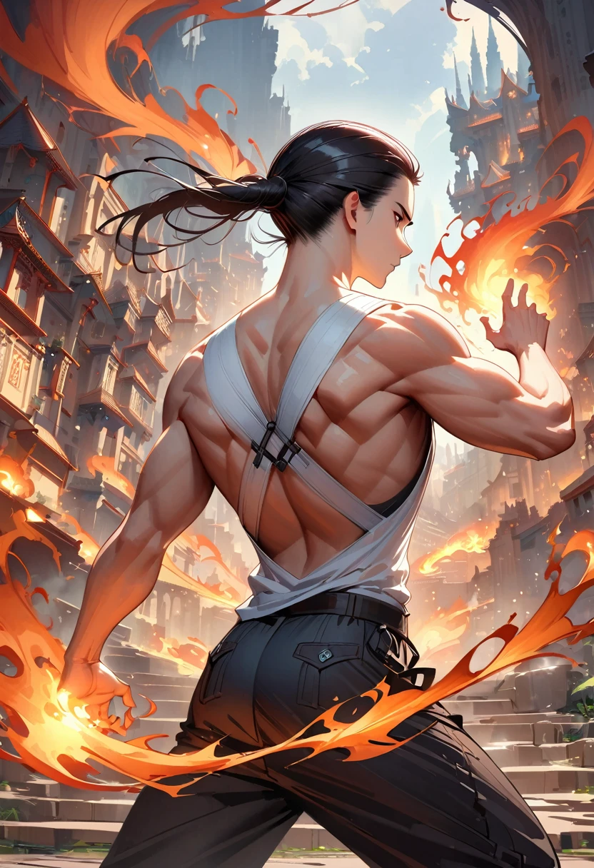 (消防员Back:1.5), From the back,wearing a tattered shirt, combustion,flame, Luminescence, Dynamic poses, Fighting Stance, (fantasy city background), Pants,, Practical, masterpiece, Intricate details, Detailed background, Depth of Field, Back,