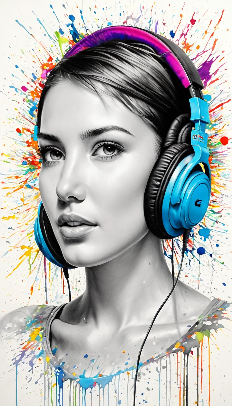 Stunning hyper-realistic pencil drawing captures the essence of artistic creativity and brilliance. En primer plano, A woman with short hair wears vibrant, colorful headphones that seem to pulse with energy. His serene expression conveys tranquility and peace, showing your enjoyment of music. Amid the chaotic symphony of acrylic paint splatters that surrounds her, parece perdida en su propio mundo. The backdrop is a beautiful chaos of colors, reflection of the creative spirit and limitless imagination of the artist. El contorno gris claro contrasta exquisitamente con los vibrantes colores, resaltando la excepcional habilidad del artista y su dominio del medio. The drawing captures the energy and movement of the scene, embodying the essence of artistic creativity and brilliance.
Translation performed with the free version of the DeepL translator.com
