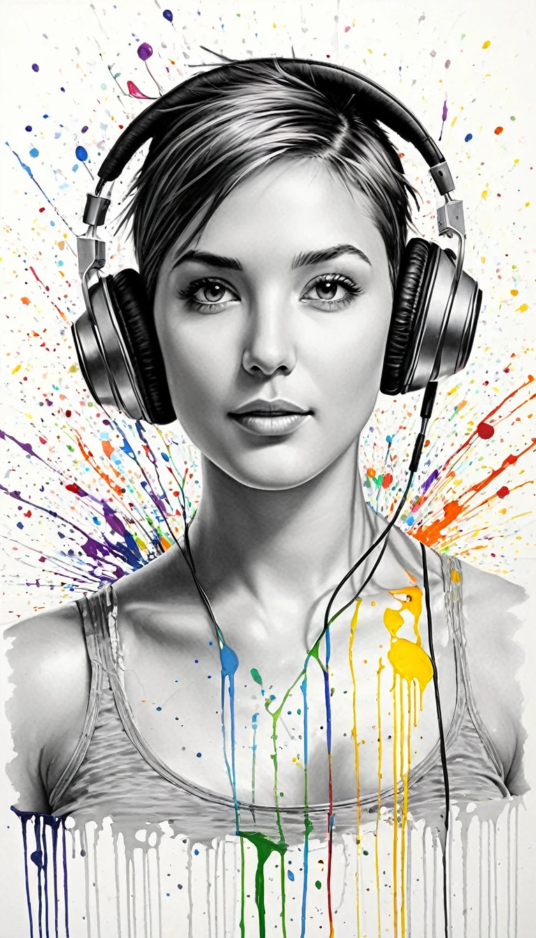 Stunning hyper-realistic pencil drawing captures the essence of artistic creativity and brilliance. En primer plano, A woman with short hair wears vibrant, colorful headphones that seem to pulse with energy. His serene expression conveys tranquility and peace, showing your enjoyment of music. Amid the chaotic symphony of acrylic paint splatters that surrounds her, parece perdida en su propio mundo. The backdrop is a beautiful chaos of colors, reflection of the creative spirit and limitless imagination of the artist. El contorno gris claro contrasta exquisitamente con los vibrantes colores, resaltando la excepcional habilidad del artista y su dominio del medio. The drawing captures the energy and movement of the scene, embodying the essence of artistic creativity and brilliance.

Translation performed with the free version of the DeepL translator.com