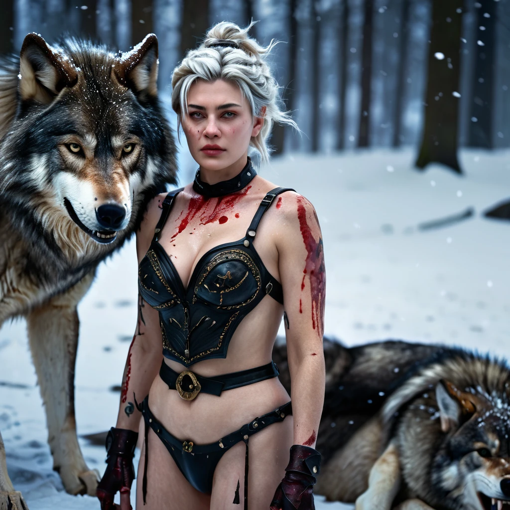 4k highly detailed realistic digital extremely high quality RAW photograph, a portrait photo of Ursula that lived with wolves her whole life is now leading them to battle. torn clothes exposing (nude:1.4) body, armored pauldrons, fangs, curled horns, big breasts, ((snow and blood)), ((wolf tattoos)), epic, hyperrealistic, hyperrealism, 8k, cinematic lighting, greg rutkowski, wlop, (f1.8 short focus bokeh)