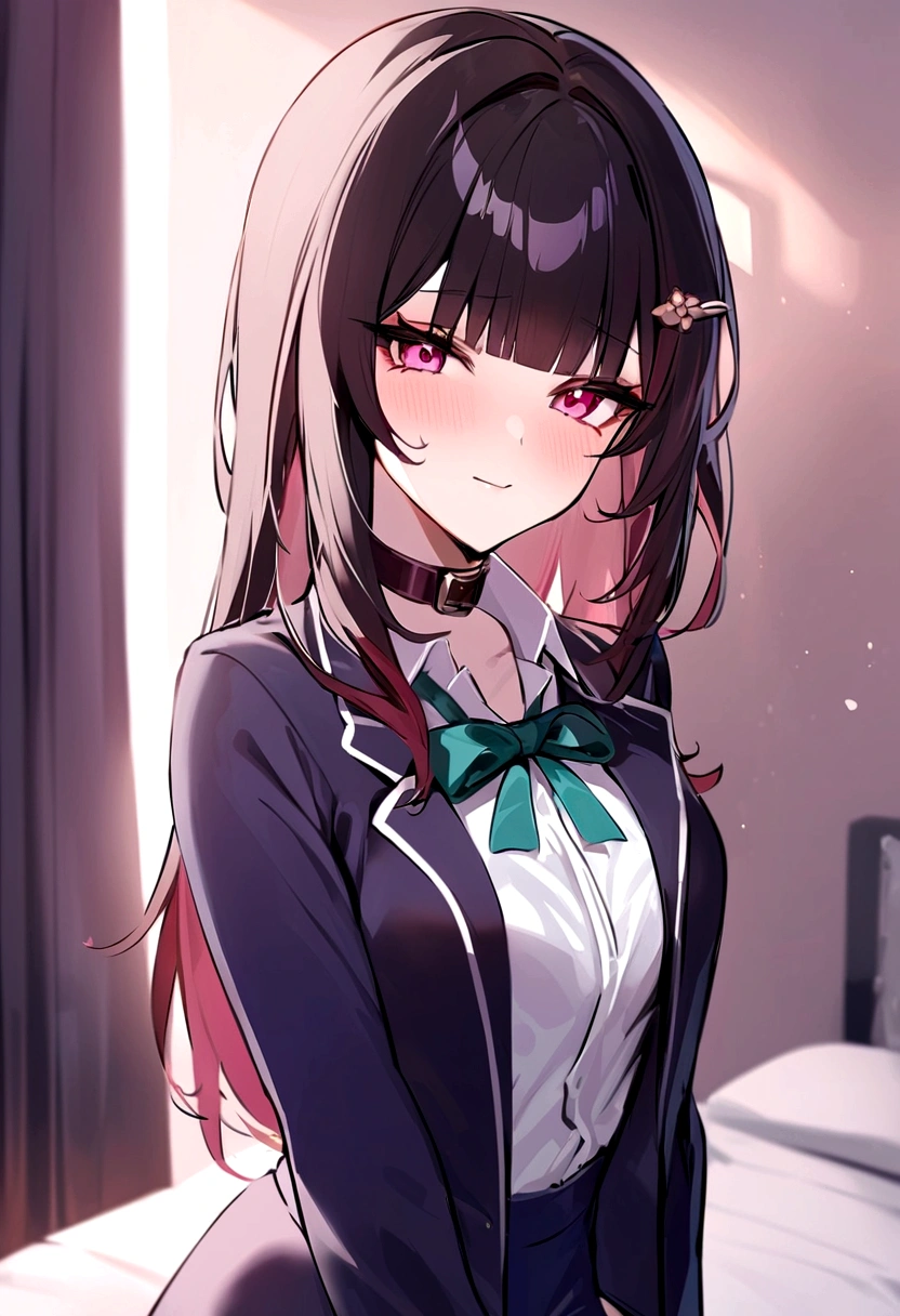 masterpiece, highest quality,blazer, arms_in_~ side, One Girl,honkai_(series), Simple_background, shirt, head_ribbon, Open_Jacket, green_ribbon, Side Lock, With collar_shirt,hair_ornament, hair_intake, honkai:_star_rail, ribbon, Jacket, black_Jacket,Open_Clothes, School_uniform, 一人in, hairclip,Bed,Kissing Face,Bring your face closer,
