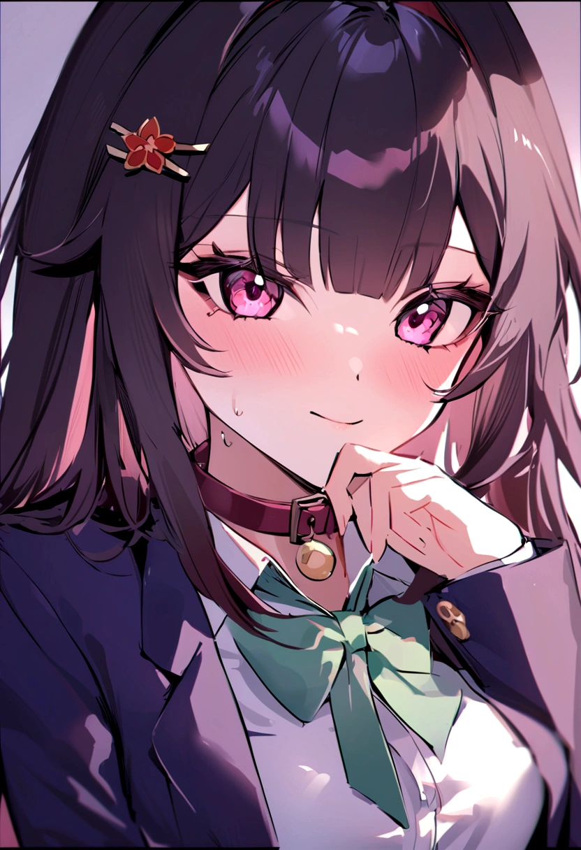 masterpiece, highest quality,blazer, arms_in_~ side, One Girl,honkai_(series), Simple_background, shirt, head_ribbon, Open_Jacket, green_ribbon, Side Lock, With collar_shirt,hair_ornament, hair_intake, honkai:_star_rail, ribbon, Jacket, black_Jacket,Open_Clothes, School_uniform, 一人in, hairclip,Bed,Kissing Face,Bring your face closer,