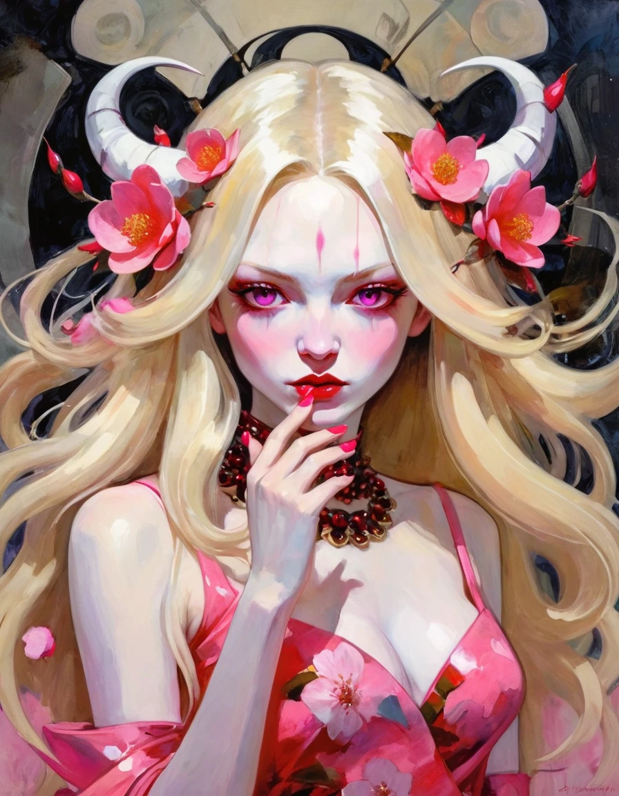 1girl, solo, alone, pink eyes, long hair, blonde hair, pink dress, flower, camellia, jewelry, nail polish, ring, hair ornament, flower ornaments, pink nails, White hell, masterpiece, best quality, white hell, red horns, sakura pedals in hair,(art inspired by Bill Sienkiewicz). oil painting, details of brush strokes that enhance depth)
