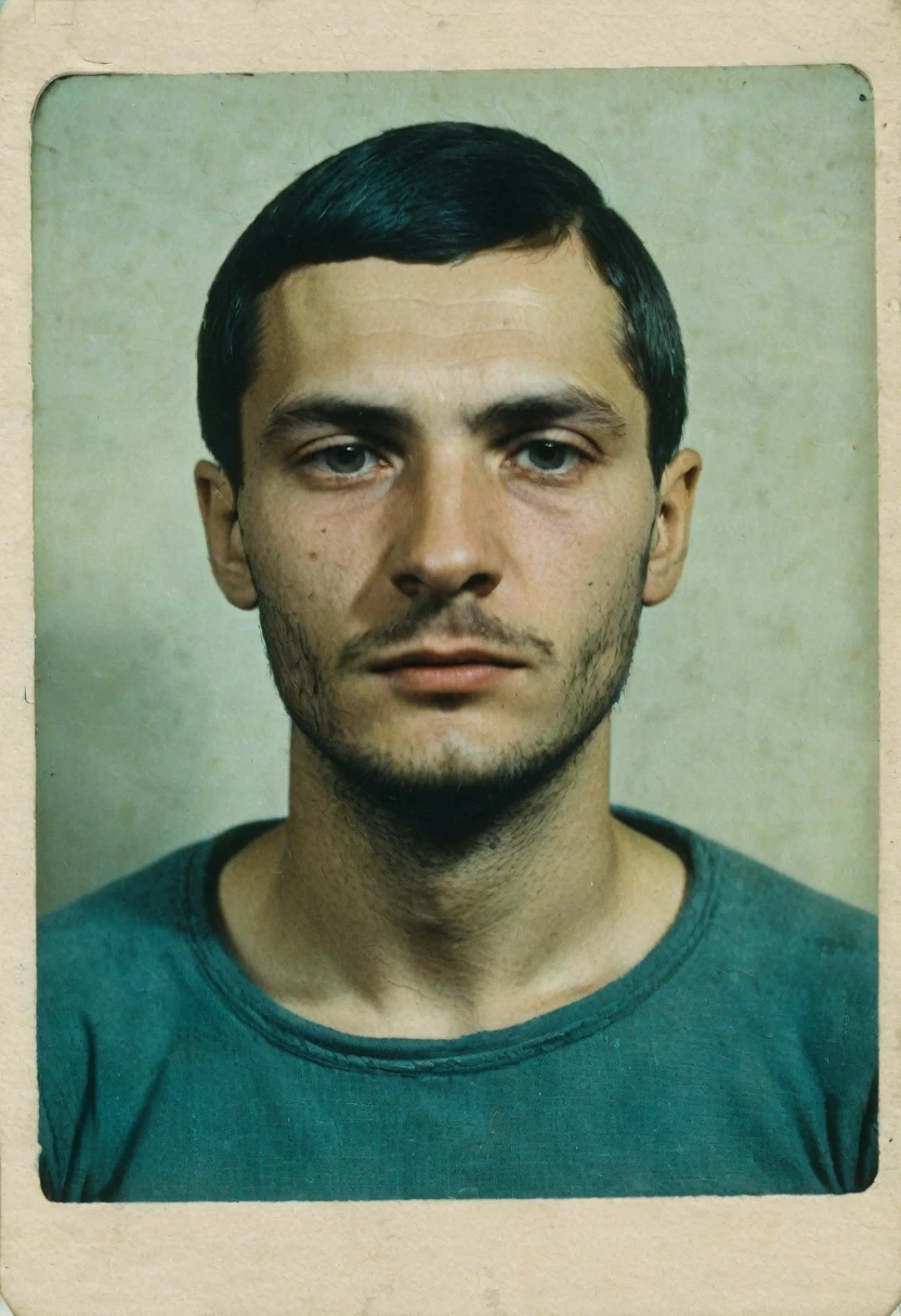 color photo, man 30 years old, criminal in 1980 in the USSR portrait photo. Prison photo.