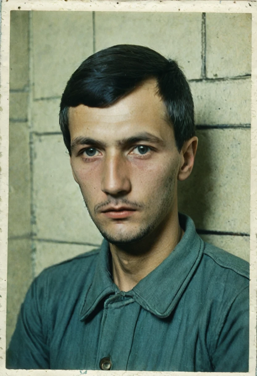 color photo, man 30 years old, criminal in 1980 in the USSR portrait photo. Prison photo.