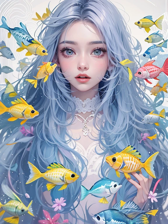 Her hair is a gradation of light purple and light blue and she is surrounded by cute fish.