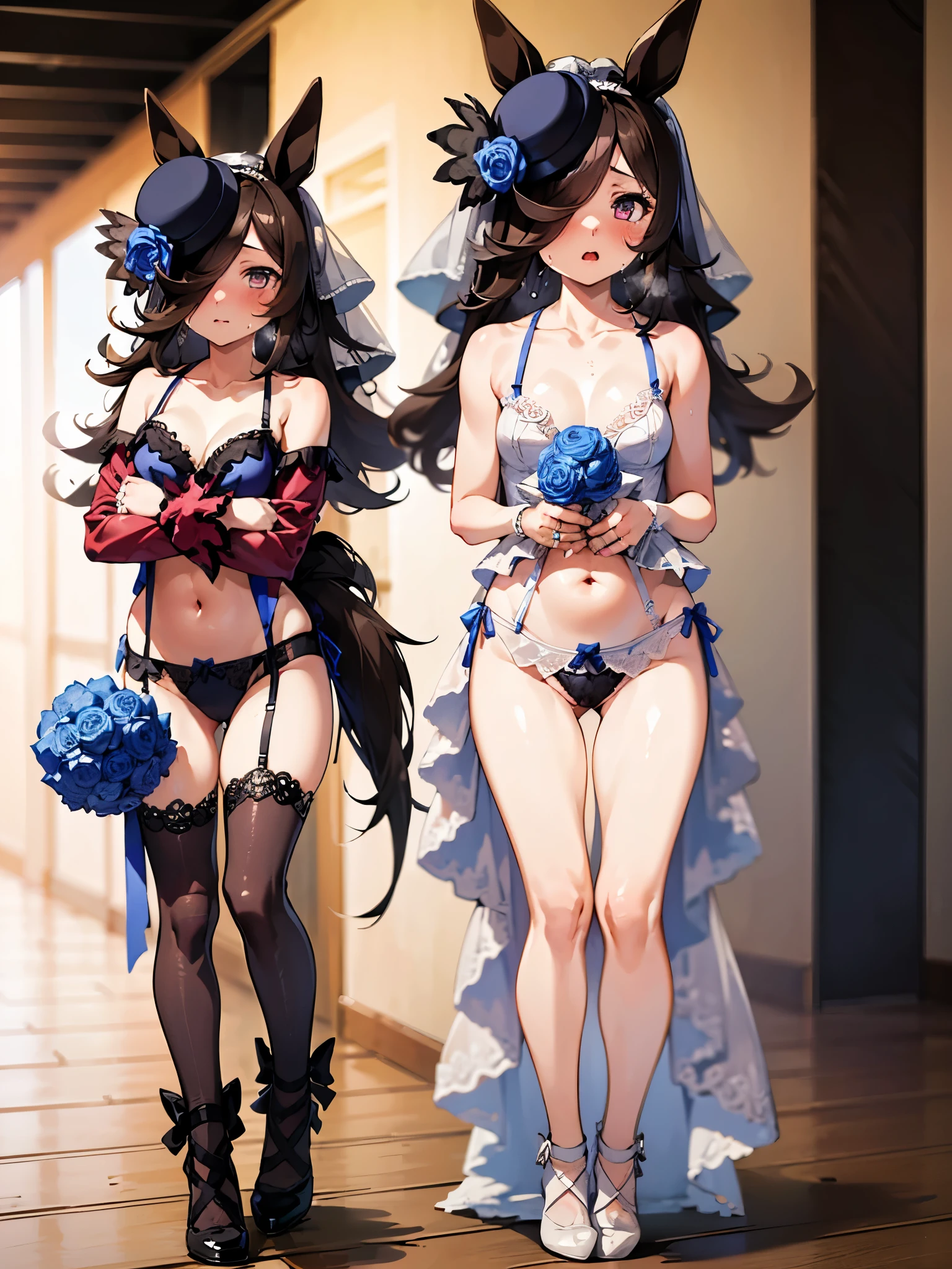 NSFW,(One girl:1.5),Rice Shower \(Horse Girl\),(Wedding Lingerie:1.5),(Perfect hands),(Perfect Anatomy),(masterpiece),(highest quality),Embarrassed,blush