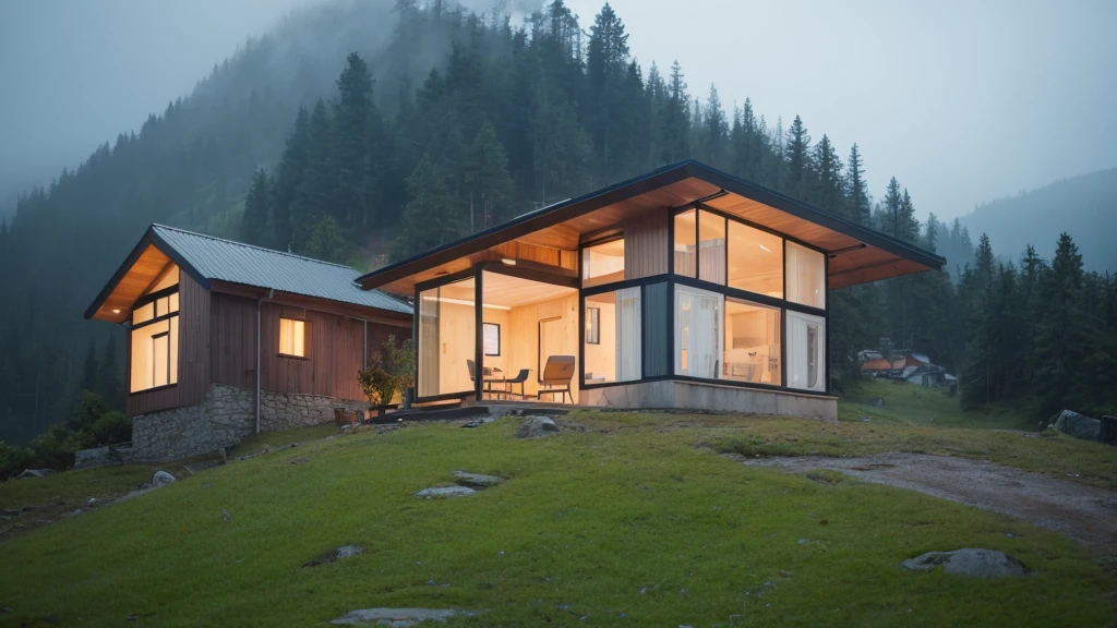 There is a small house built with futuristic technology on top of a mountain. It is raining.
