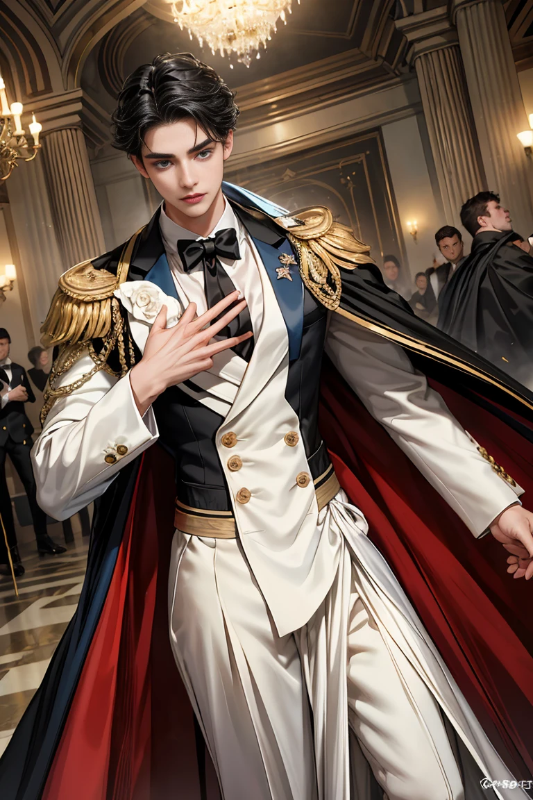 masterpiece, 最high quality, high quality, 1 boy, alone, Male focus, Watching the audience, Messy black hair, Adorable big blue eyes, White, Noble, Noble,Sexy voluminous cape、Tuxedo、A very voluminous, large, very large, very large, long, long red and black cape with a high stand-up collar, reaching down to the floor, made of a lot of fabric., 17 years old,Cute beautiful boys,Cute, cute, kind, handsome guy
