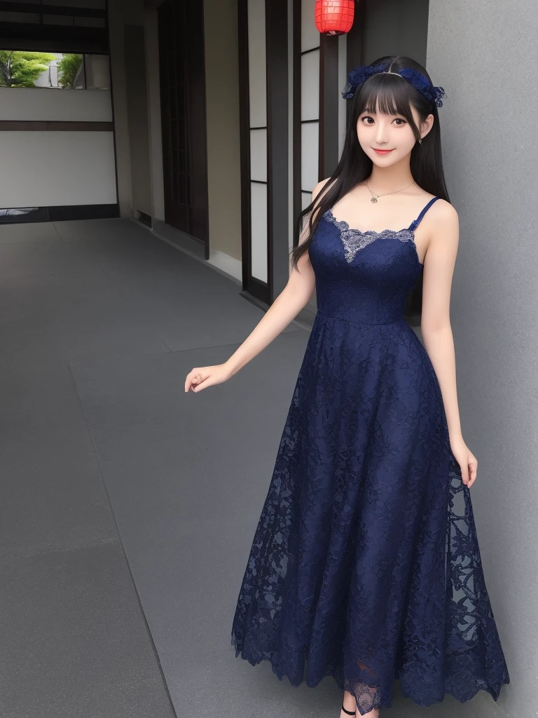 One 18-year-old Japanese woman、Japanese Idols、Navy blue lace long dress、Shiji&#39;s Bra、bare clavicle、Naked shoulders、Large, firm, beautiful breasts that don&#39;t sag、Deep cleavage、Close-up of a feminine face with soft wavy bangs and light brown hair。Long hair、In the flowing soft waves、Give a gentle and friendly impression。The background is a chic beauty salon、